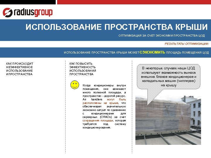 ИСПОЛЬЗОВАНИЕ ПРОСТРАНСТВА КРЫШИ ОПТИМИЗАЦИЯ ЗА СЧЕТ ЭКОНОМИИ ПРОСТРАНСТВА ЦОД РЕЗУЛЬТАТЫ ОПТИМИЗАЦИИ: ИСПОЛЬЗОВАНИЕ ПРОСТРАНСТВА КРЫШИ