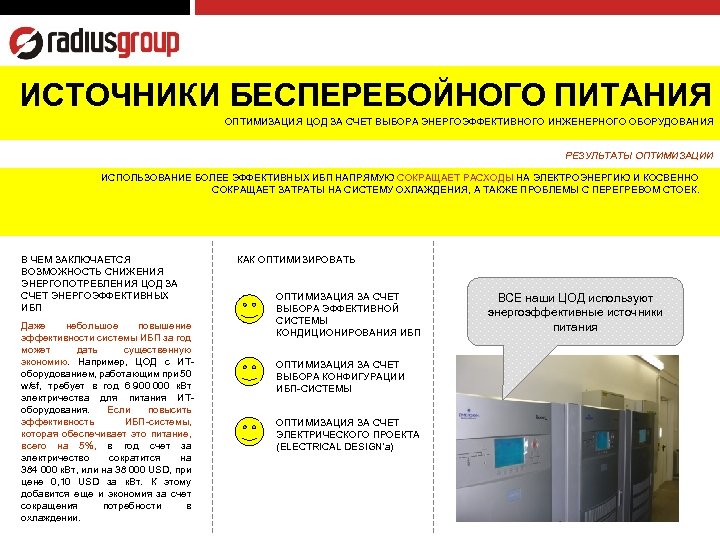 ИСТОЧНИКИ БЕСПЕРЕБОЙНОГО ПИТАНИЯ ОПТИМИЗАЦИЯ ЦОД ЗА СЧЕТ ВЫБОРА ЭНЕРГОЭФФЕКТИВНОГО ИНЖЕНЕРНОГО ОБОРУДОВАНИЯ РЕЗУЛЬТАТЫ ОПТИМИЗАЦИИ ИСПОЛЬЗОВАНИЕ