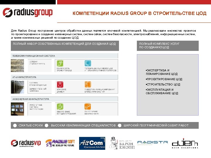 КОМПЕТЕНЦИИ RADIUS GROUP В СТРОИТЕЛЬСТВЕ ЦОД Для Radius Group построение центров обработки данных является