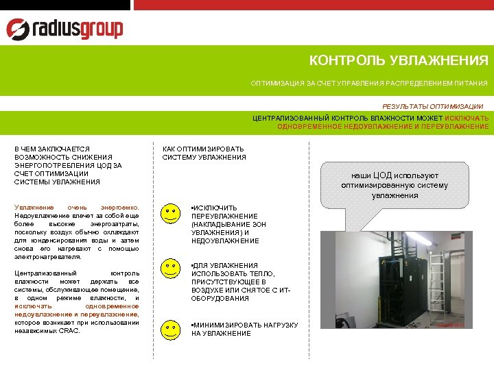 КОНТРОЛЬ УВЛАЖНЕНИЯ ОПТИМИЗАЦИЯ ЗА СЧЕТ УПРАВЛЕНИЯ РАСПРЕДЕЛЕНИЕМ ПИТАНИЯ РЕЗУЛЬТАТЫ ОПТИМИЗАЦИИ ЦЕНТРАЛИЗОВАННЫЙ КОНТРОЛЬ ВЛАЖНОСТИ МОЖЕТ