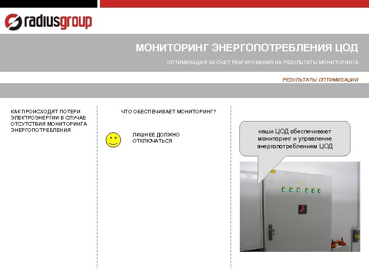 МОНИТОРИНГ ЭНЕРГОПОТРЕБЛЕНИЯ ЦОД ОПТИМИЗАЦИЯ ЗА СЧЕТ РЕАГИРОВАНИЯ НА РЕЗУЛЬТАТЫ МОНИТОРИНГА РЕЗУЛЬТАТЫ ОПТИМИЗАЦИИ КАК ПРОИСХОДЯТ
