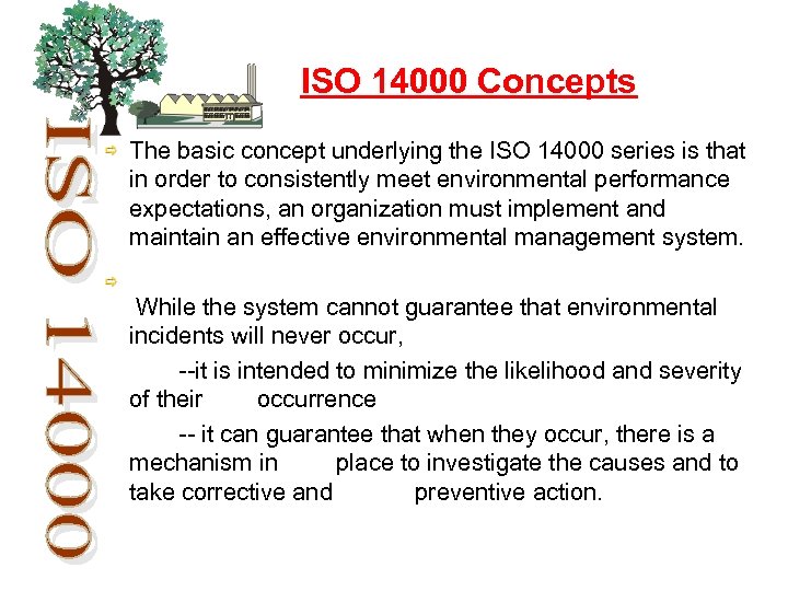  ISO 14000 Concepts The basic concept underlying the ISO 14000 series is that