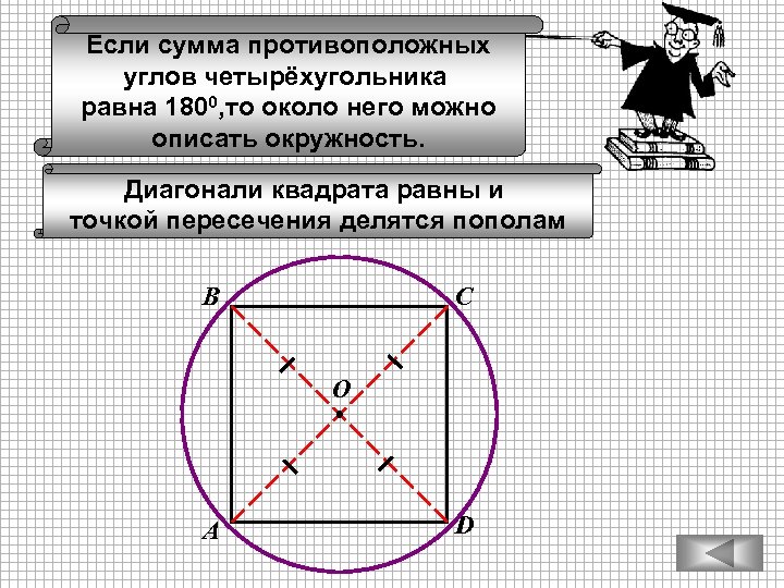 Если сумма противоположных углов четырёхугольника равна 1800, то около него можно описать окружность. Диагонали