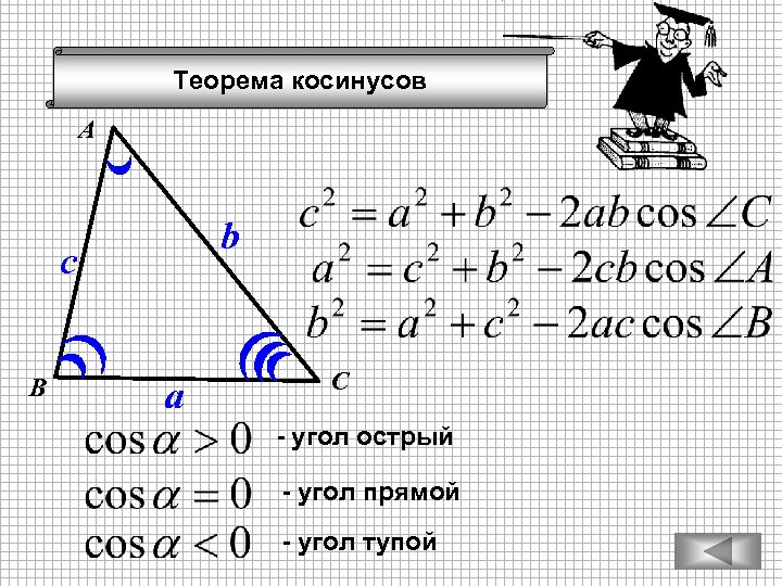 Теорема косинусов А b c В a С - угол острый - угол прямой