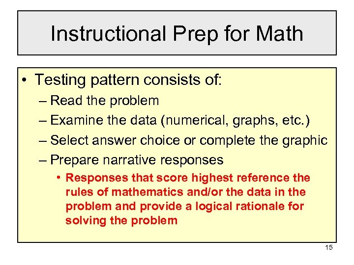 Instructional Prep for Math • Testing pattern consists of: – Read the problem –