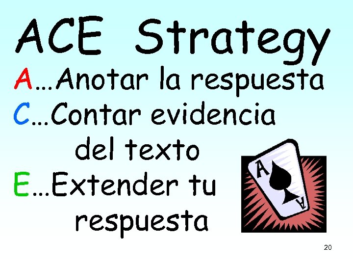 ACE Strategy A…Anotar la respuesta C…Contar evidencia del texto E…Extender tu respuesta 20 