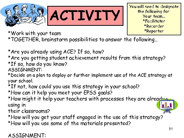ACTIVITY You will need to designate the following for Your team… *Facilitator *Recorder *Reporter