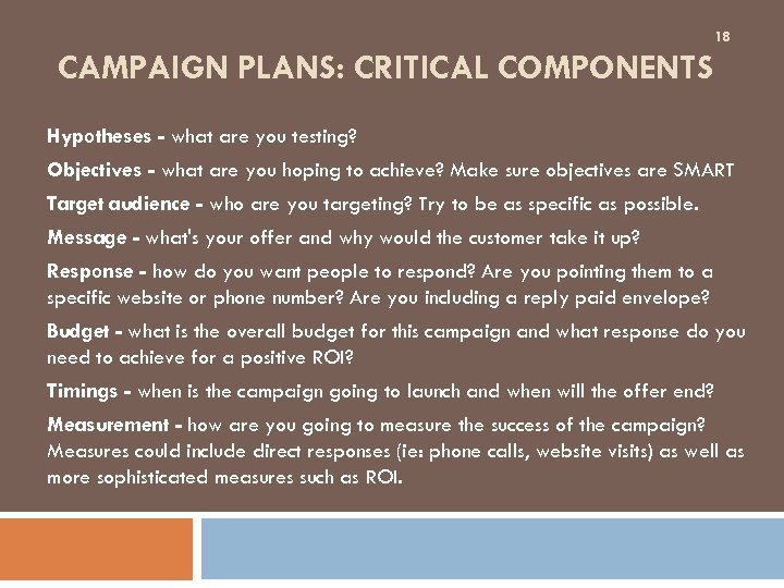 18 CAMPAIGN PLANS: CRITICAL COMPONENTS Hypotheses - what are you testing? Objectives - what