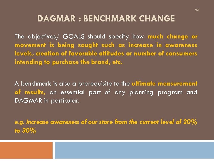 25 DAGMAR : BENCHMARK CHANGE The objectives/ GOALS should specify how much change or