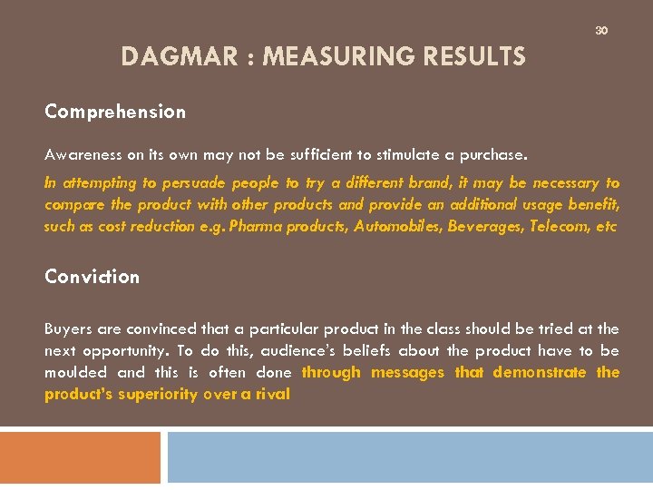 30 DAGMAR : MEASURING RESULTS Comprehension Awareness on its own may not be sufficient