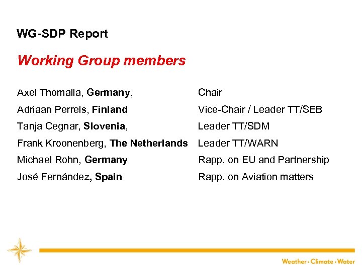 WG-SDP Report Working Group members Axel Thomalla, Germany, Chair Adriaan Perrels, Finland Vice-Chair /