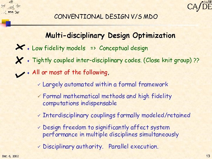 CONVENTIONAL DESIGN V/S MDO Multi-disciplinary Design Optimization ¨ Low fidelity models => Conceptual design