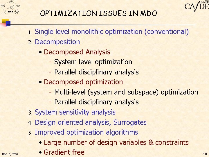 OPTIMIZATION ISSUES IN MDO Single level monolithic optimization (conventional) 2. Decomposition • Decomposed Analysis