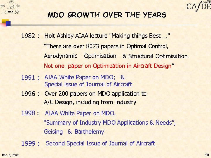 MDO GROWTH OVER THE YEARS 1982 : Holt Ashley AIAA lecture 