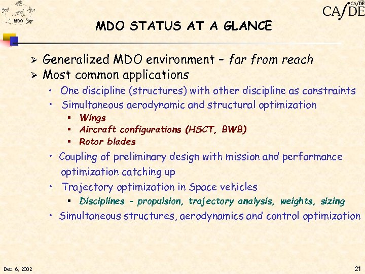 MDO STATUS AT A GLANCE Ø Ø Generalized MDO environment – far from reach