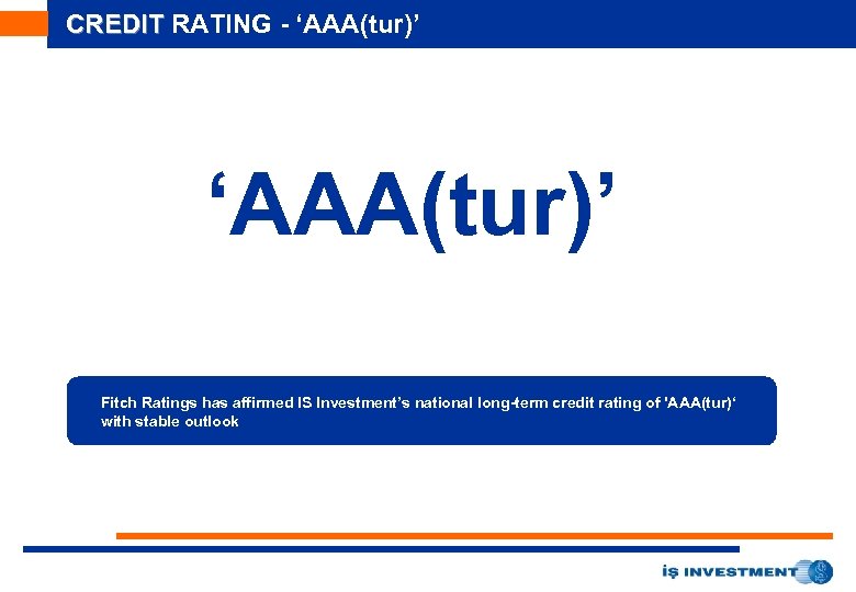 CREDIT RATING - ‘AAA(tur)’ Fitch Ratings has affirmed IS Investment’s national long-term credit rating