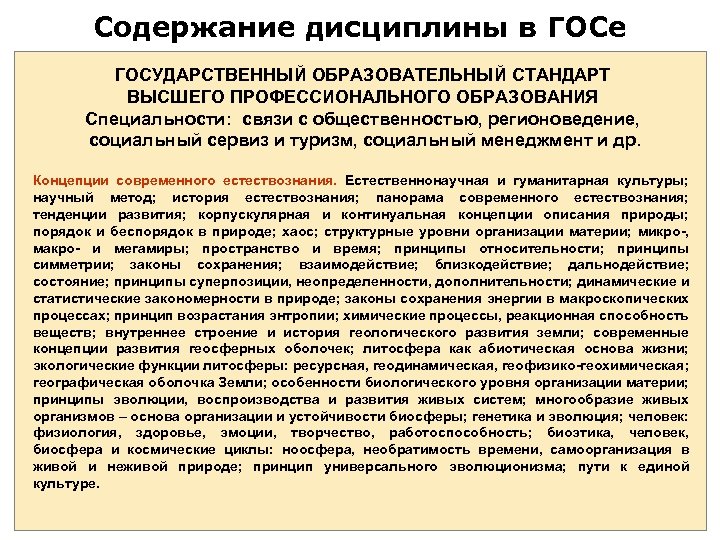 Содержание дисциплины в ГОСе ГОСУДАРСТВЕННЫЙ ОБРАЗОВАТЕЛЬНЫЙ СТАНДАРТ ВЫСШЕГО ПРОФЕССИОНАЛЬНОГО ОБРАЗОВАНИЯ Специальности: связи с общественностью,