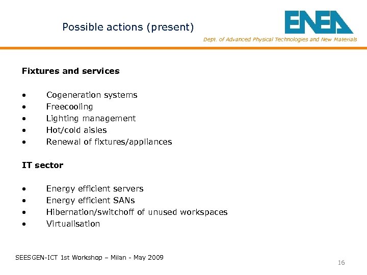 Possible actions (present) Dept. of Advanced Physical Technologies and New Materials Fixtures and services