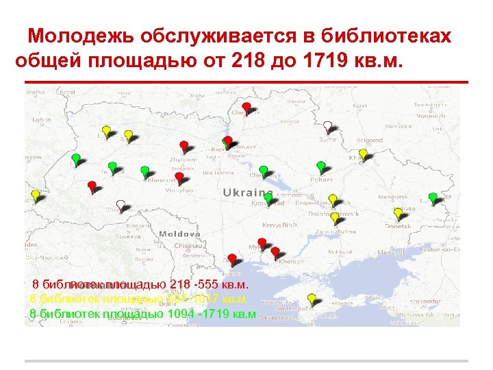 Молодежь обслуживается в библиотеках общей площадью от 218 до 1719 кв. м. 8 библиотек