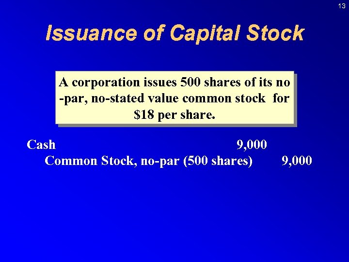 13 Issuance of Capital Stock A corporation issues 500 shares of its no -par,