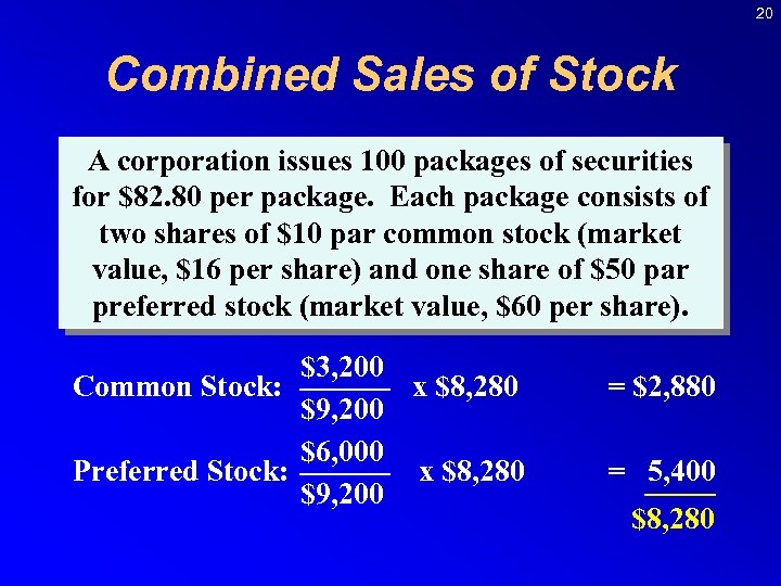 20 Combined Sales of Stock A corporation issues 100 packages of securities for $82.