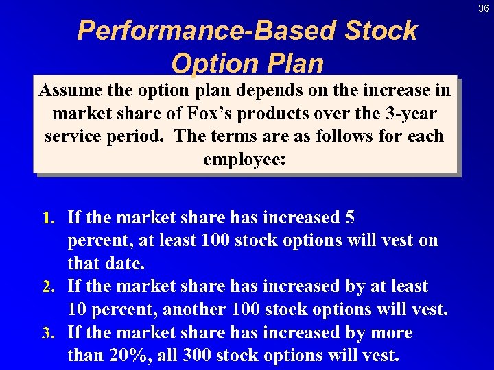 36 Performance-Based Stock Option Plan Assume the option plan depends on the increase in