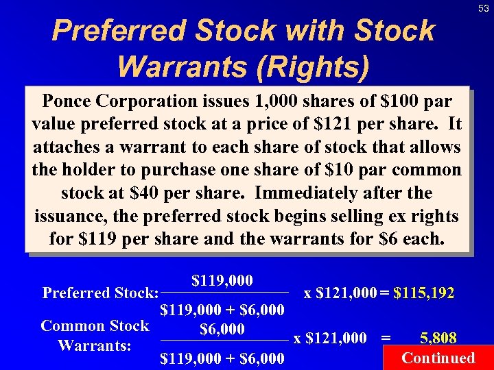 Preferred Stock with Stock Warrants (Rights) Ponce Corporation issues 1, 000 shares of $100