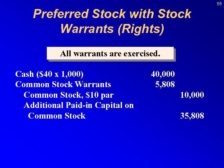 55 Preferred Stock with Stock Warrants (Rights) All warrants are exercised. Cash ($40 x