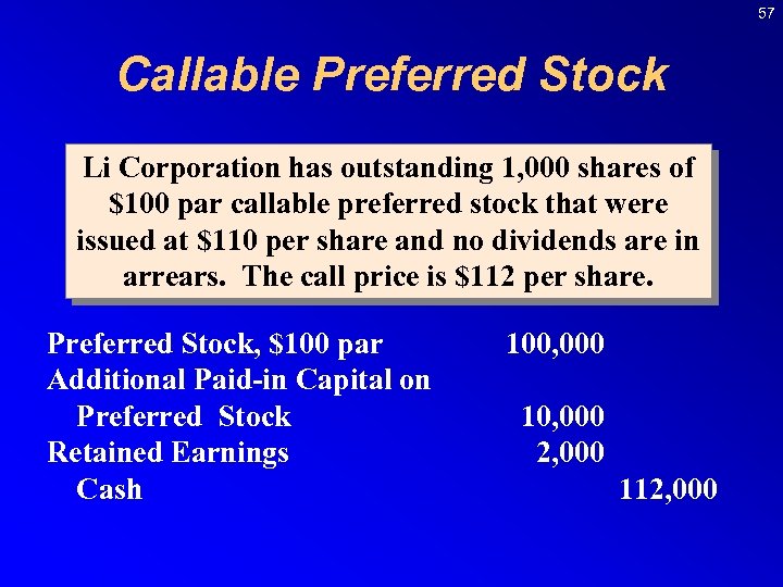 57 Callable Preferred Stock Li Corporation has outstanding 1, 000 shares of $100 par