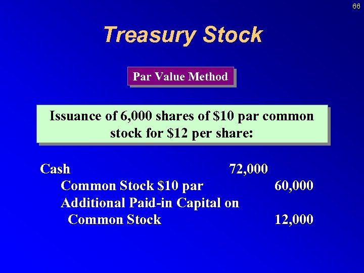 66 Treasury Stock Par Value Method Issuance of 6, 000 shares of $10 par