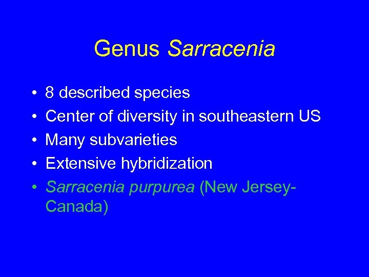 Genus Sarracenia • • • 8 described species Center of diversity in southeastern US