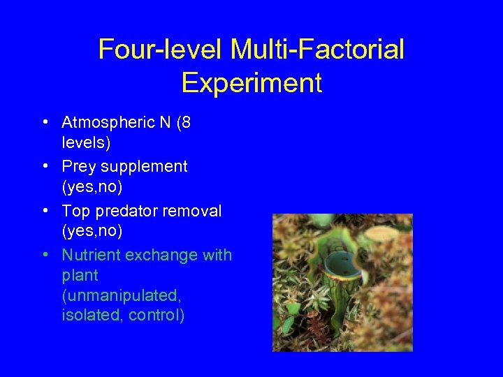 Four-level Multi-Factorial Experiment • Atmospheric N (8 levels) • Prey supplement (yes, no) •