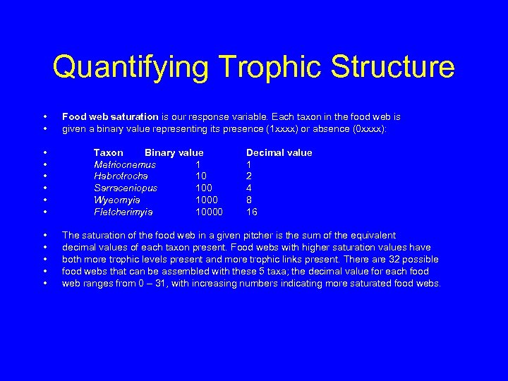 Quantifying Trophic Structure • • • • Food web saturation is our response variable.