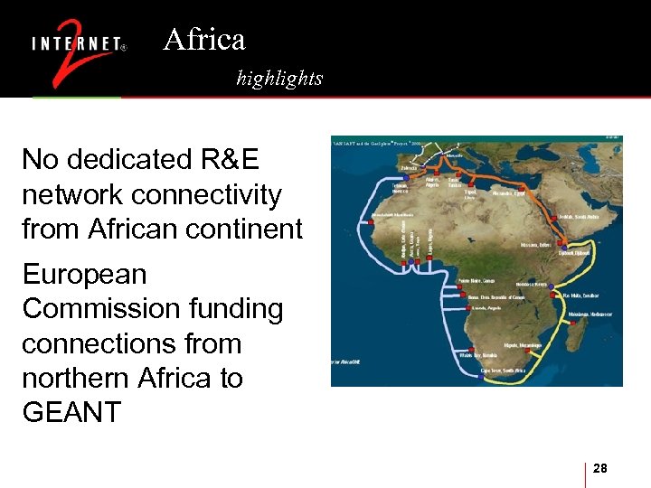 Africa highlights No dedicated R&E network connectivity from African continent European Commission funding connections