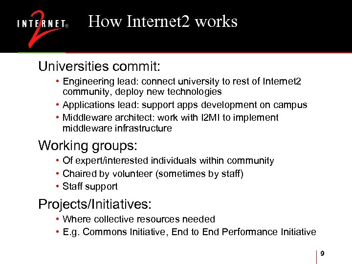 How Internet 2 works Universities commit: • Engineering lead: connect university to rest of