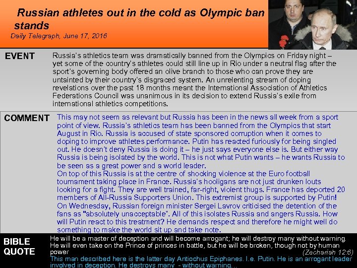 Russian athletes out in the cold as Olympic ban stands Daily Telegraph, June 17,