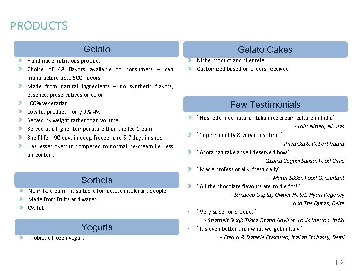 PRODUCTS Gelato Cakes Niche product and clientele Customized based on orders received Handmade nutritious