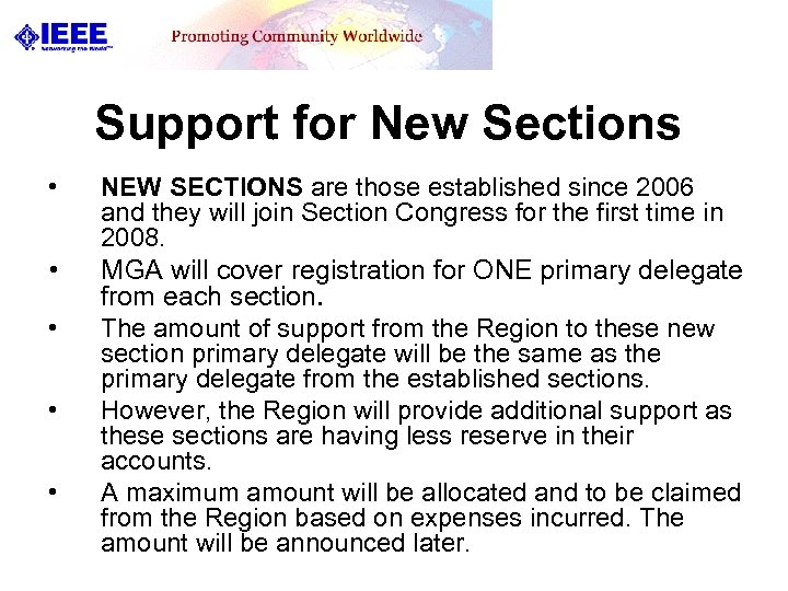 Support for New Sections • • • NEW SECTIONS are those established since 2006