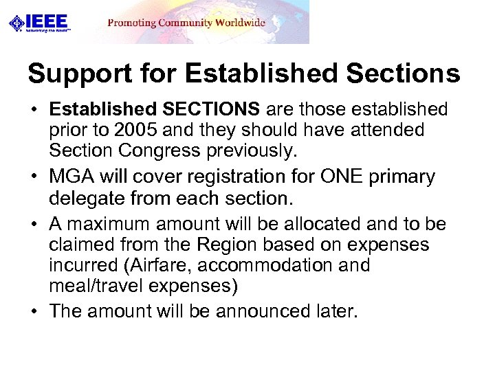 Support for Established Sections • Established SECTIONS are those established prior to 2005 and