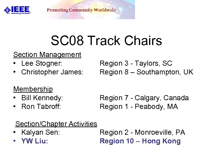 SC 08 Track Chairs Section Management • Lee Stogner: • Christopher James: Region 3