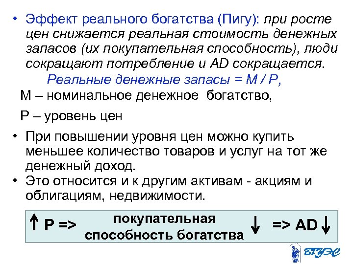  • Эффект реального богатства (Пигу): при росте цен снижается реальная стоимость денежных запасов