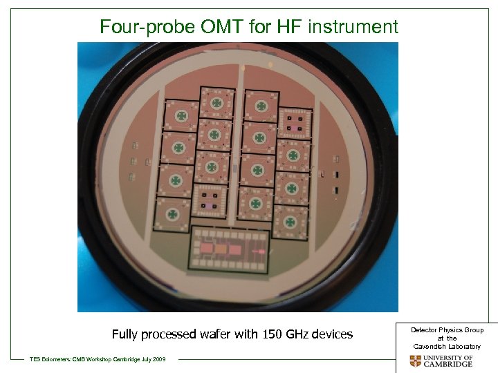 Four-probe OMT for HF instrument Fully processed wafer with 150 GHz devices TES Bolometers: