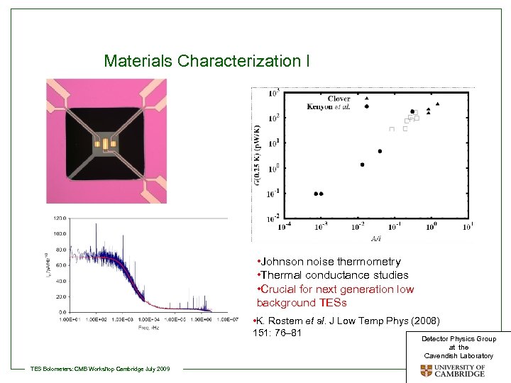 Materials Characterization I • Johnson noise thermometry • Thermal conductance studies • Crucial for