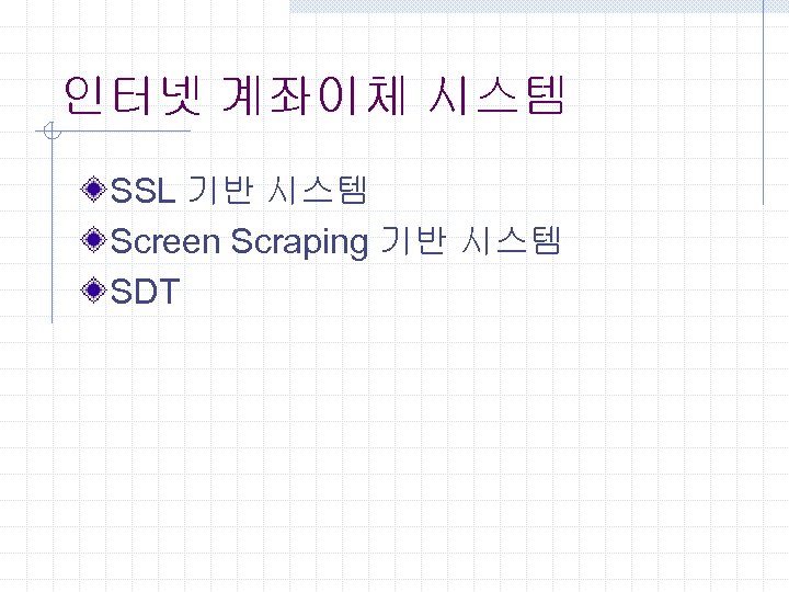인터넷 계좌이체 시스템 SSL 기반 시스템 Screen Scraping 기반 시스템 SDT 