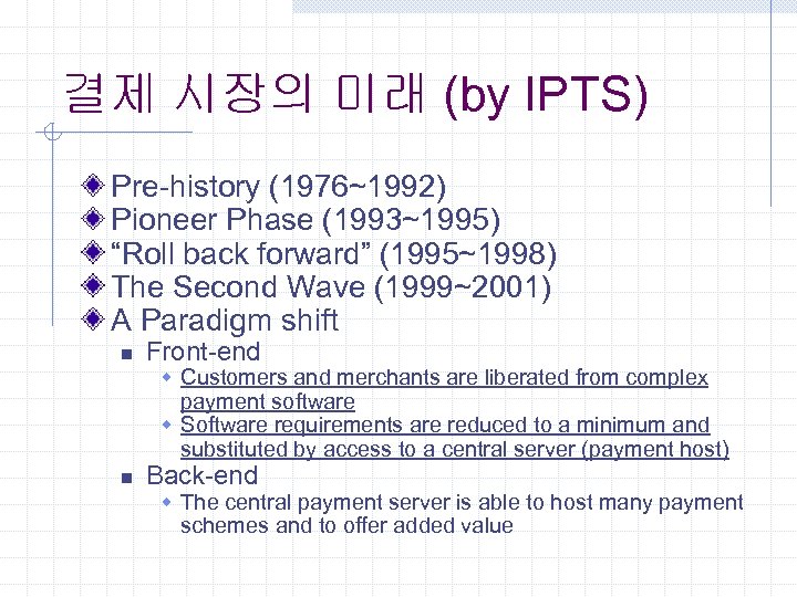 결제 시장의 미래 (by IPTS) Pre-history (1976~1992) Pioneer Phase (1993~1995) “Roll back forward” (1995~1998)