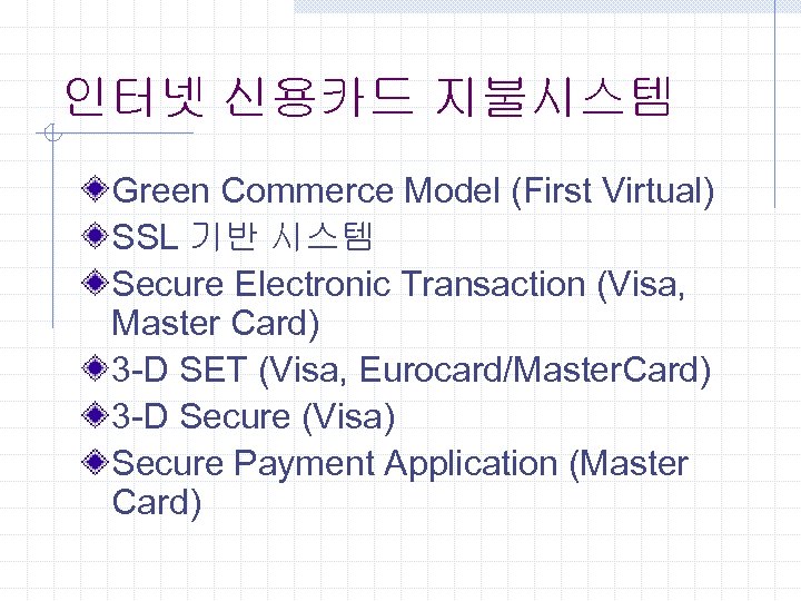 인터넷 신용카드 지불시스템 Green Commerce Model (First Virtual) SSL 기반 시스템 Secure Electronic Transaction