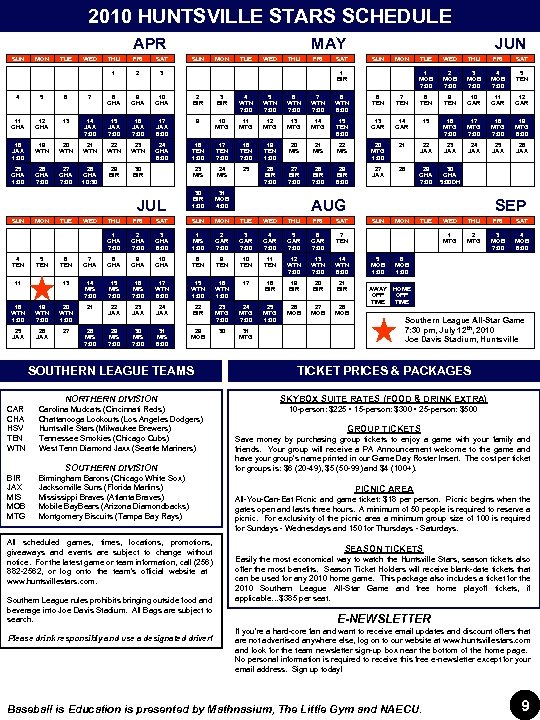 2010 HUNTSVILLE STARS SCHEDULE APR SUN MON TUE WED THU FRI SAT 1 2
