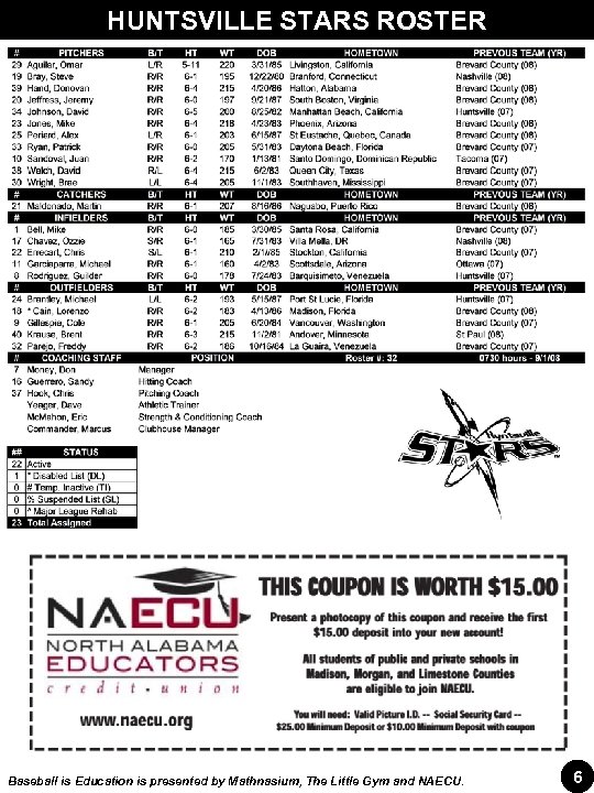 HUNTSVILLE STARS ROSTER Baseball is Education is presented by Mathnasium, The Little Gym and