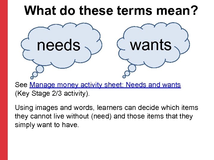 What do these terms mean? needs wants See Manage money activity sheet: Needs and