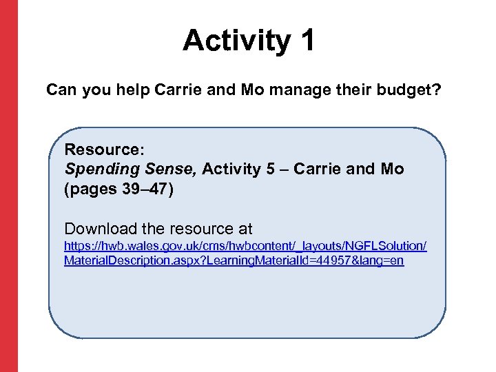 Activity 1 Can you help Carrie and Mo manage their budget? Resource: Spending Sense,